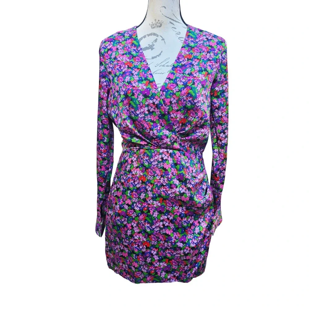 Zara Womens Purple Floral‎ Long Sleeve Wrap Mini Dress V-Neck Ruched Size Medium